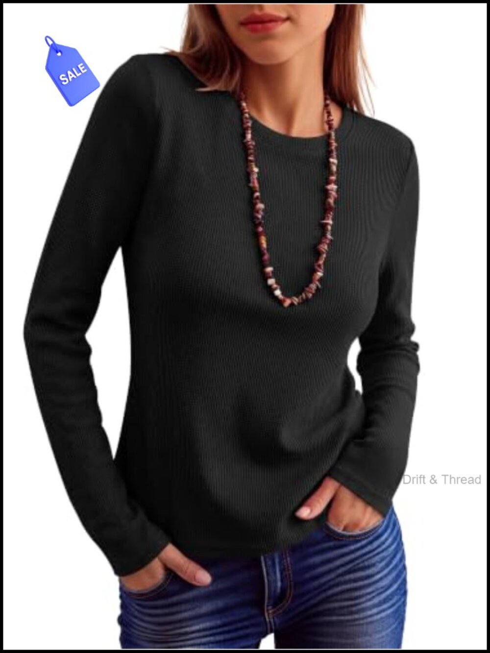 Waffle Knit Long Sleeve Slim Fit Crew Neck Top